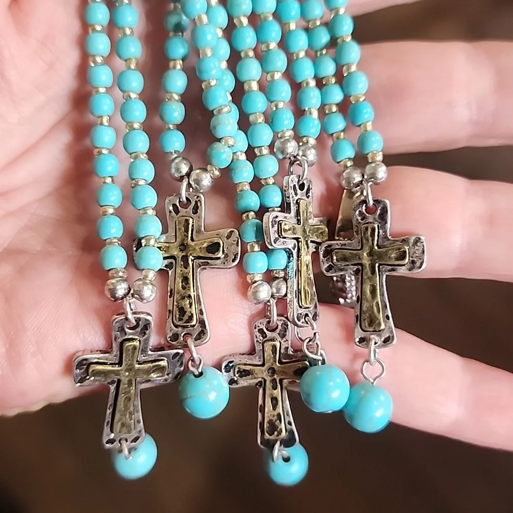 Bundle lot fashion costume jewelry 5 necklaces w cross pendant turquoise color - Picture 6 of 6